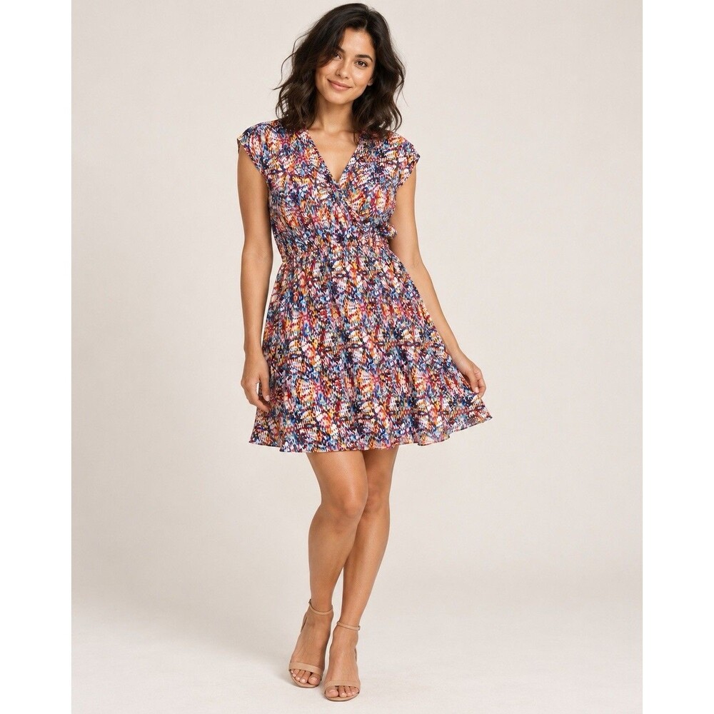 Kardashian Kollection Dress Medium Multicolor Abstract Print Faux Wrap Fit Flare